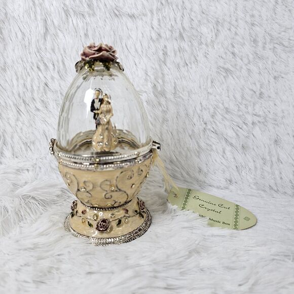 Enamel on Metal Cut Crystal Jeweled Egg Shaped Music Box Bride And Groom Gift - Picture 1 of 10